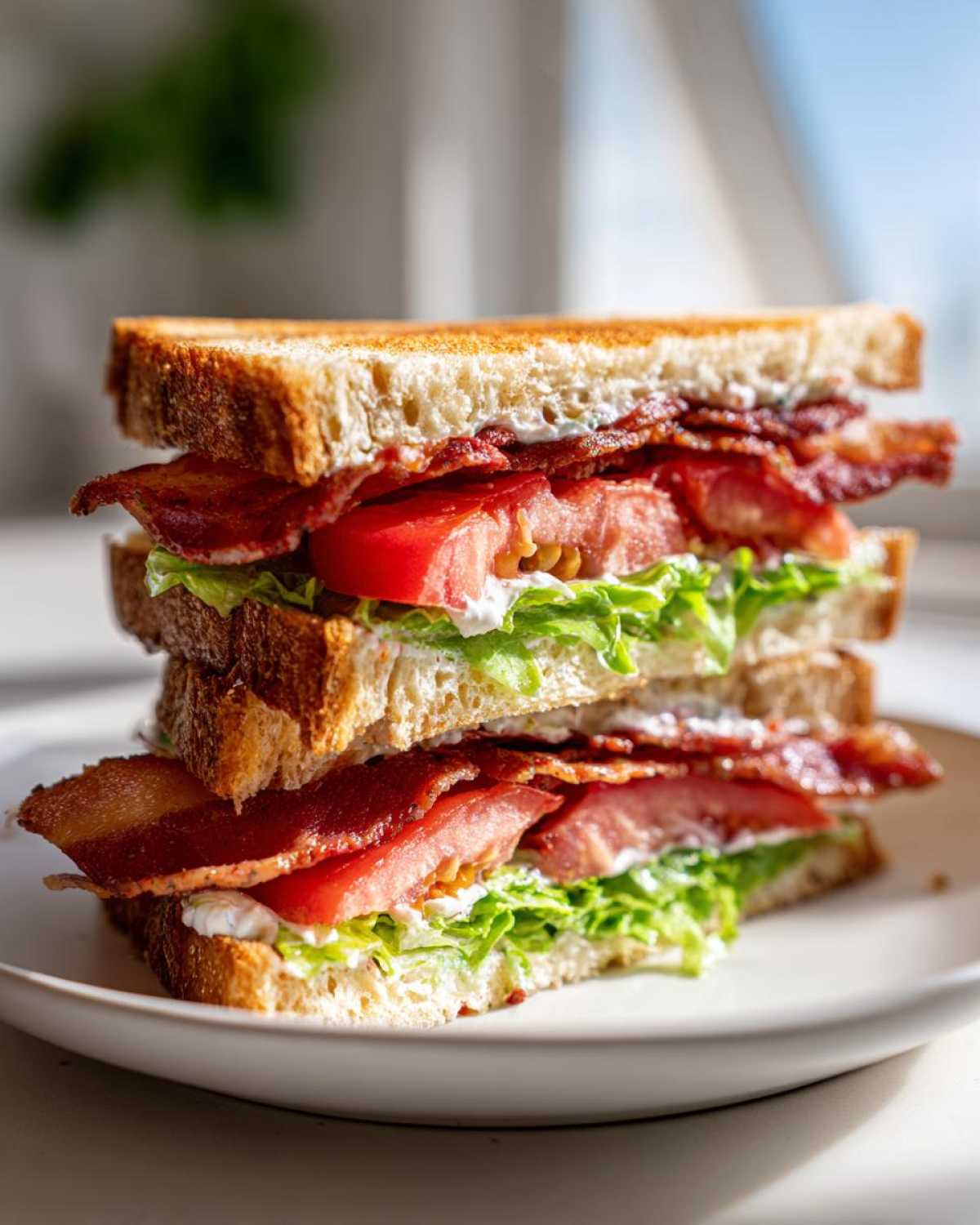 A tall, double-stacked Ultimate BLT Sandwich on toasted bread with crispy bacon, thick tomato slices, and lettuce.