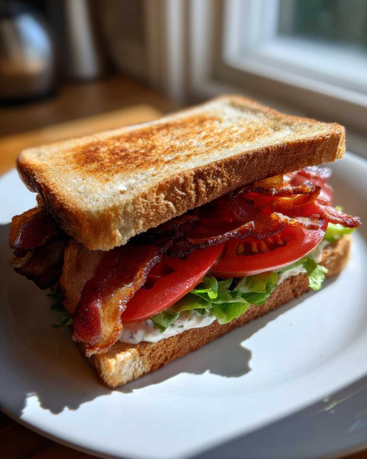 A perfectly constructed Ultimate BLT Sandwich on Toasted Bread showing crispy bacon, thick tomato slices, lettuce, and creamy spread.
