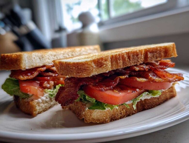 A close-up of The Ultimate BLT Sandwich on Toasted Bread, cut in half and stacked high with crispy bacon, tomato, and lettuce.