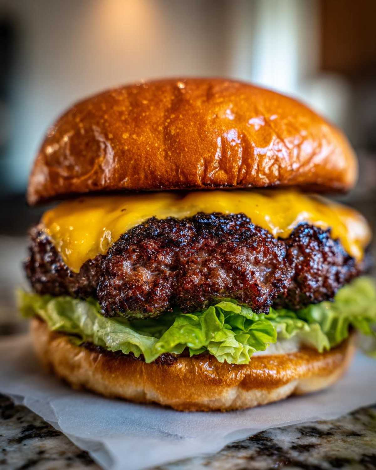 A close-up shot of an Ultimate Juicy Grilled Beef Burger featuring a thick, charred patty topped with melted cheddar cheese and crisp lettuce on a toasted brioche bun.
