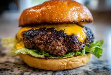 Close-up of an Ultimate Juicy Grilled Beef Burger featuring a thick, seared patty topped with melted cheddar cheese and crisp lettuce on a brioche bun.