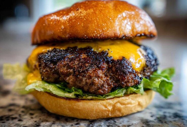 Close-up of an Ultimate Juicy Grilled Beef Burger featuring a thick, seared patty topped with melted cheddar cheese and crisp lettuce on a brioche bun.