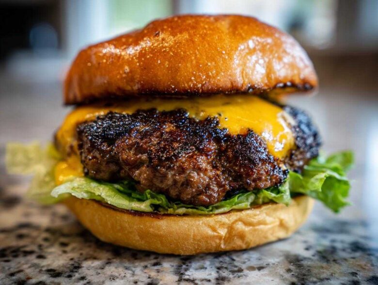 Close-up of an Ultimate Juicy Grilled Beef Burger featuring a thick, seared patty topped with melted cheddar cheese and crisp lettuce on a brioche bun.