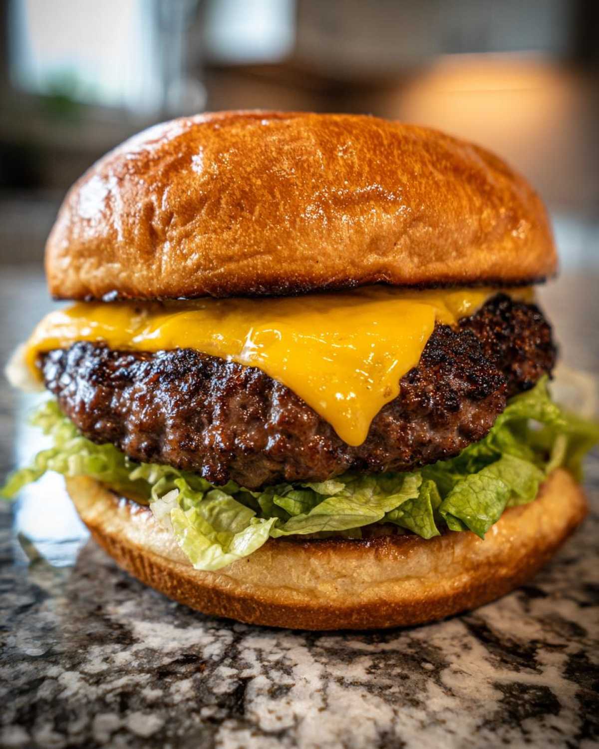 A close-up of an Ultimate Juicy Grilled Beef Burgers featuring a thick, charred patty, melted cheese, and crisp lettuce on a toasted bun.