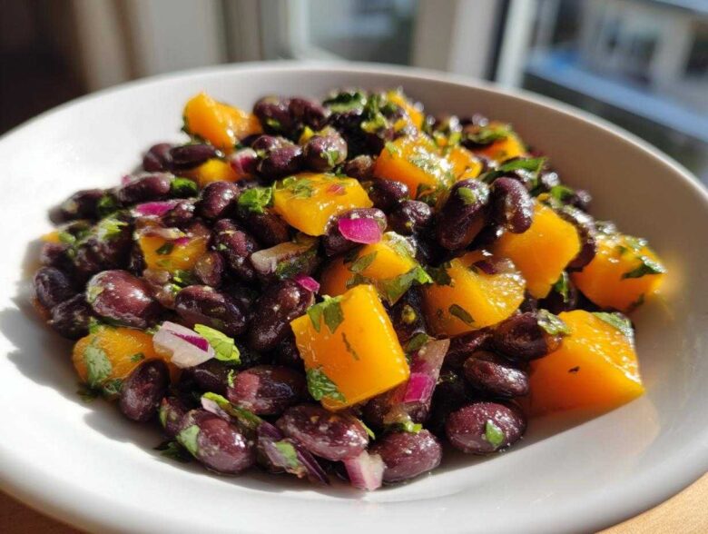 Close-up of Vibrant Black Bean and Mango Salad featuring black beans, bright orange mango chunks, and red onion.