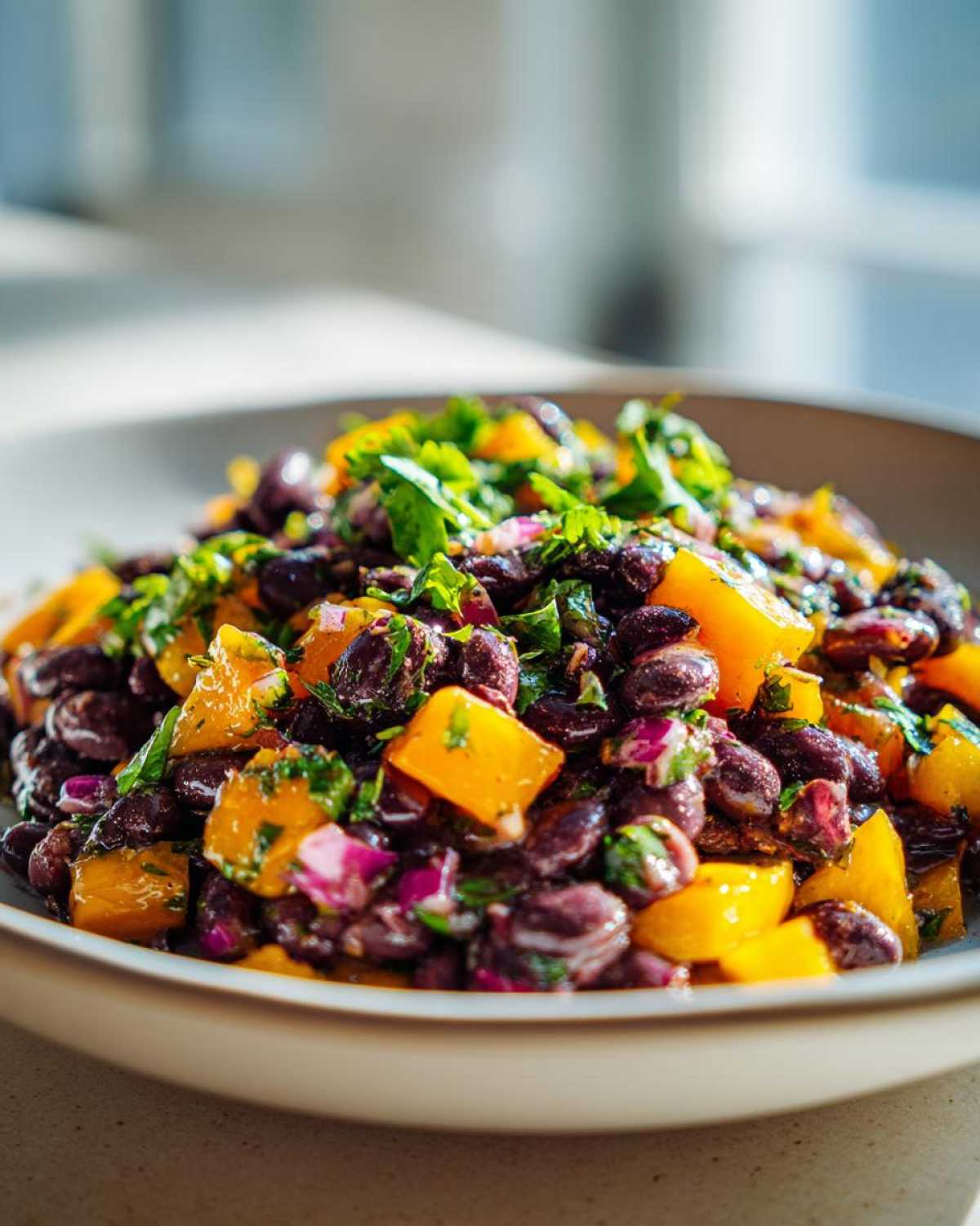 Close-up of a bowl filled with Vibrant Black Bean and Mango Salad, topped with fresh cilantro.