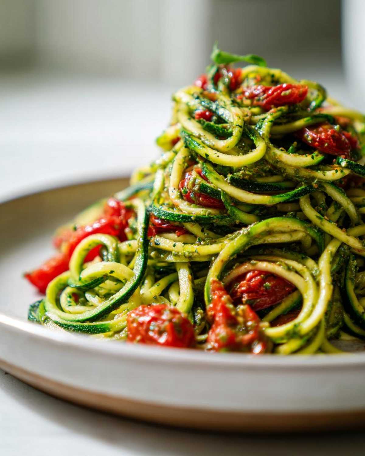 A mound of bright green Zucchini Noodles (Zoodles) tossed in pesto and mixed with roasted cherry tomatoes on a light plate.