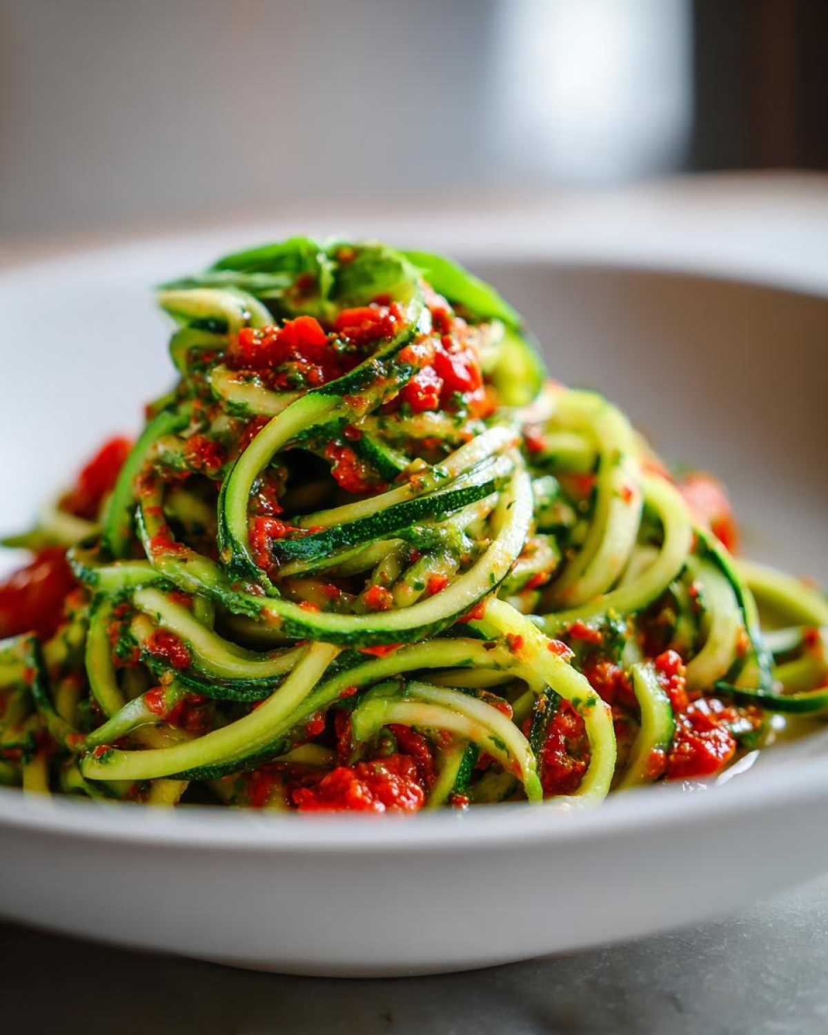A close-up of Zucchini Noodles (Zoodles) tossed generously with vibrant red cherry tomato pesto and topped with fresh basil.