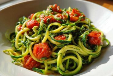 Close-up of a white bowl filled with bright green Zucchini Noodles (Zoodles) tossed in pesto and topped with roasted cherry tomatoes.