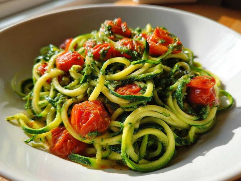 Close-up of a white bowl filled with bright green Zucchini Noodles (Zoodles) tossed in pesto and topped with roasted cherry tomatoes.